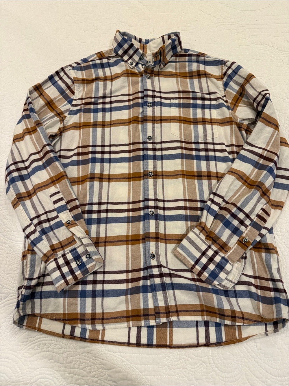 Men's Casual Plaid Button-Down Flannel Shirt - Cream, Brown & Blue